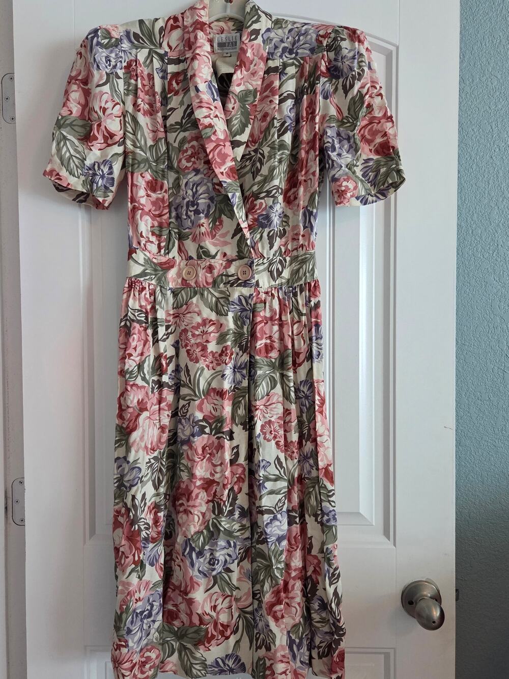 Vtg Leslie Fay Petite 8 Dress Floral Cabbage Rose 80s 90s Back Elastic Midi USA